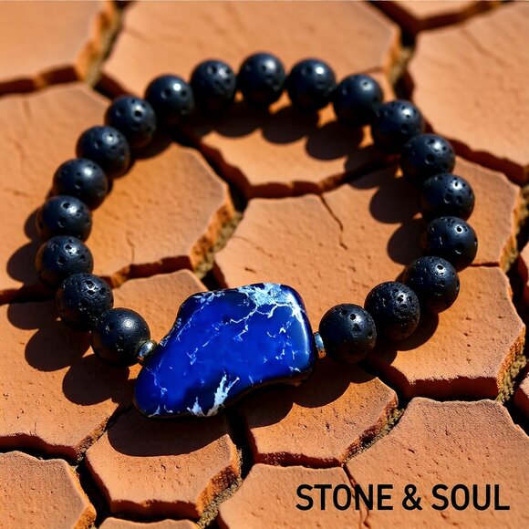 Blue Sea Sediment Jasper + Lava Beads Bracelet - Large Men's Bracelet 8.5" Wrist - Picture 9 of 11